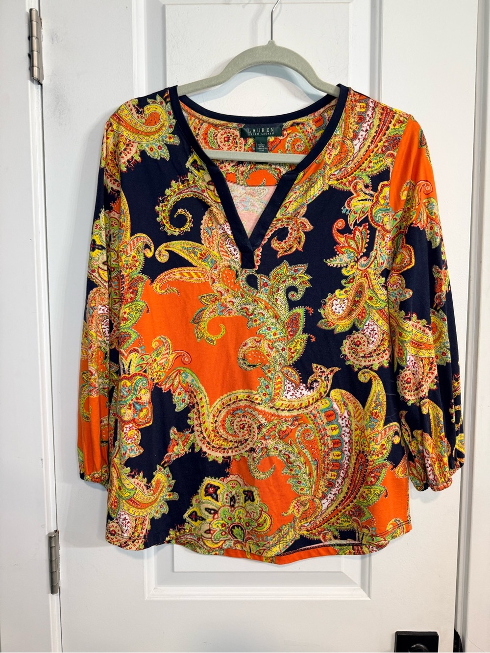 Lauren Ralph Lauren Paisley V-Neck 3/4 Sleeve Knit Top Size L - Picture 2 of 11